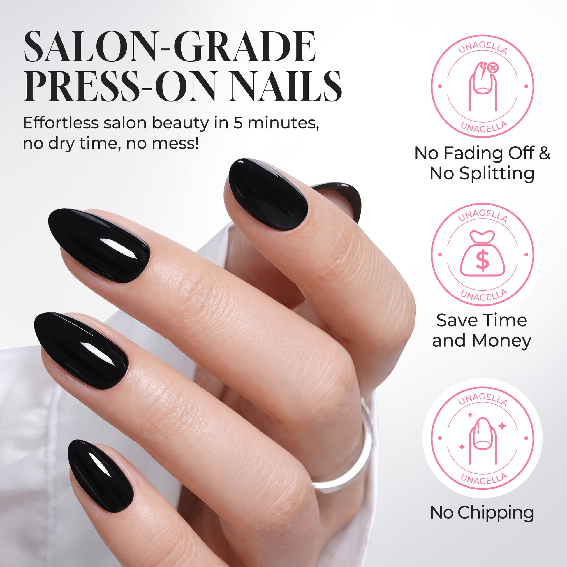 Black almond-shaped press-on nail tips by UNA GELLA, reusable false nails, 16 sizes for natural-looking manicures.