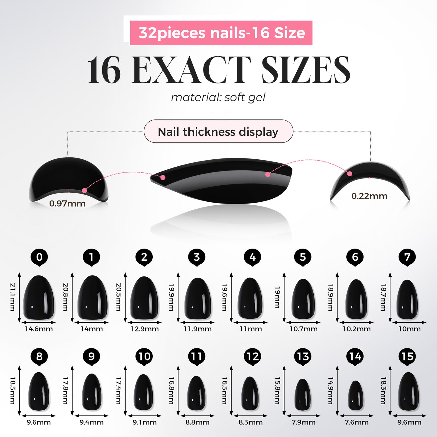 Black almond-shaped press on nail tips by UNA GELLA, reusable gel false nails, 32-piece set with 16 sizes.