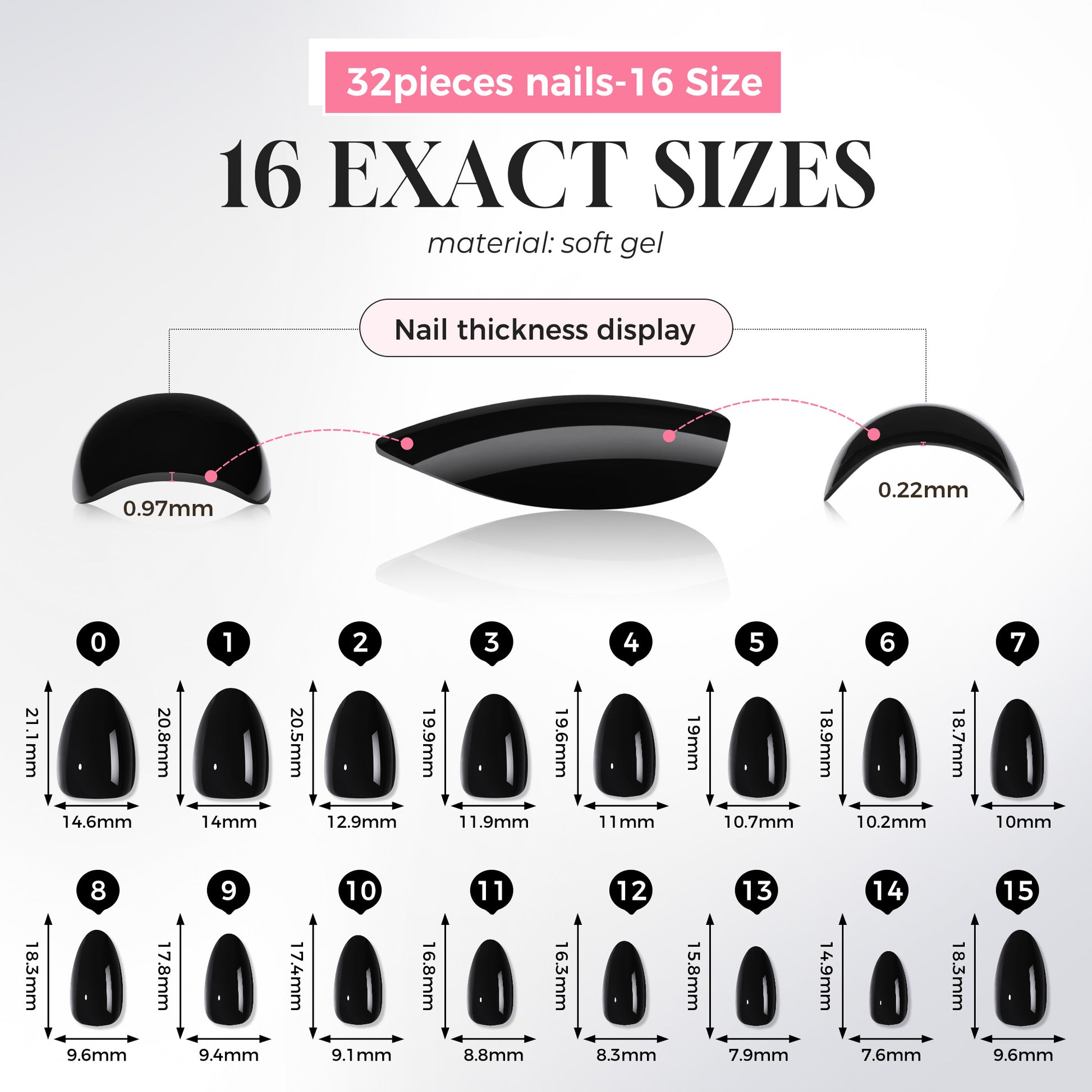 Black almond-shaped press on nail tips by UNA GELLA, reusable gel false nails, 32-piece set with 16 sizes.