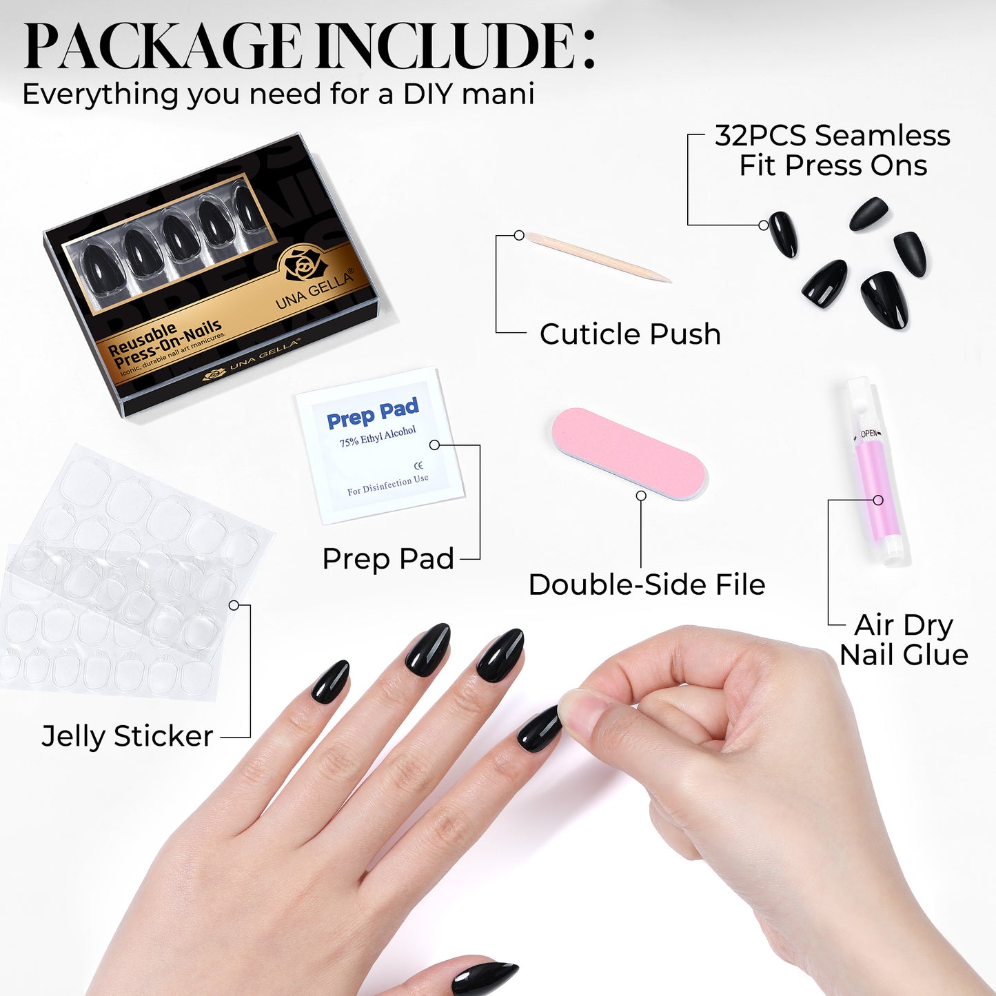 Black almond-shaped reusable nail tips by UNA GELLA, 32-piece set with 16 sizes, made of soft gel for press-on nails.
