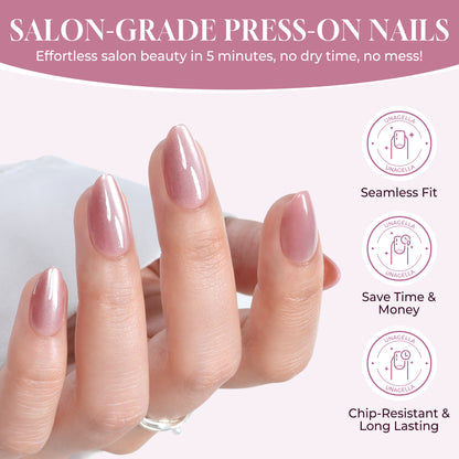 UNA GELLA Cat Eye press-on nail tips in short almond shape, pink rose color, reusable gel finish, 32-piece kit.