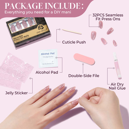 UNA GELLA Cat Eye press-on nail tips, short almond soft gel design in pink rose, 32 reusable nail tips for easy manicures.