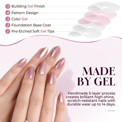 UNA GELLA short almond soft gel press-on cat eye nails in pink rose, 32-piece reusable nail tip kit with natural finish.