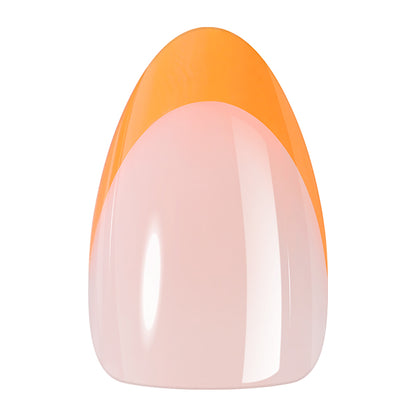 UNA GELLA 32pcs almond-shaped soft gel press-on nails with French neon rainbow design on a vibrant nail tip palette.