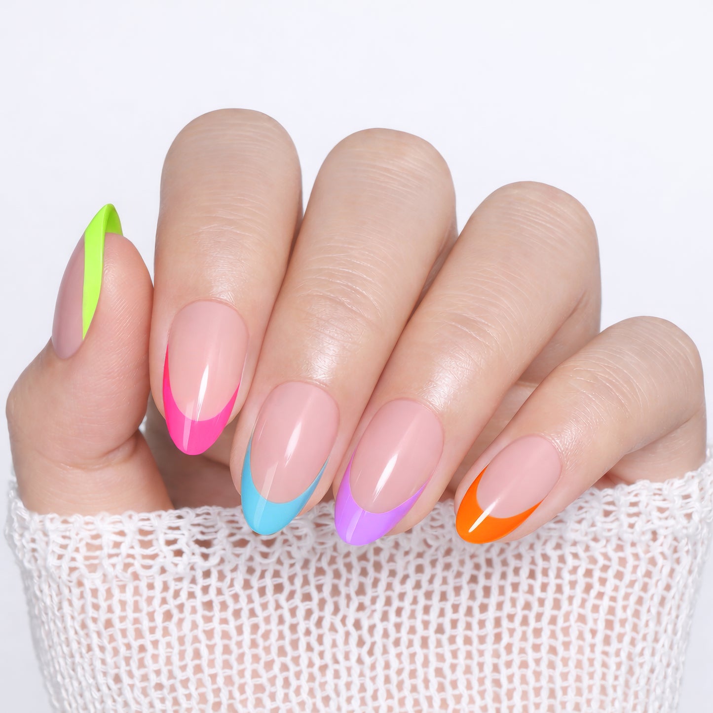 UNA GELLA 32pcs soft gel press-on almond French nails with neon rainbow design, showcasing colorful, curved nail tips on a neutral background.