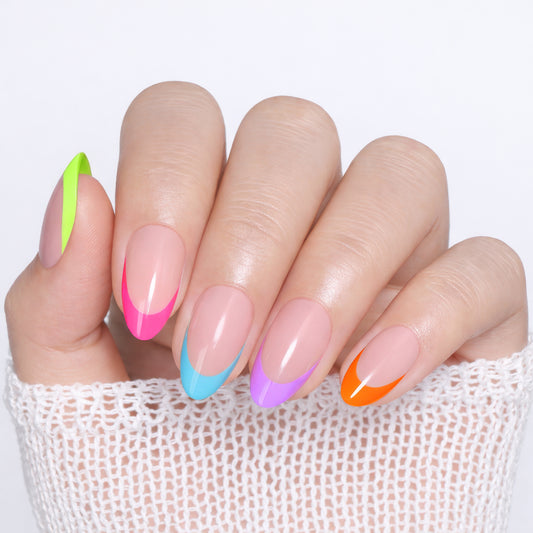 UNA GELLA 32pcs soft gel press-on almond French nails with neon rainbow design, showcasing colorful, curved nail tips on a neutral background.