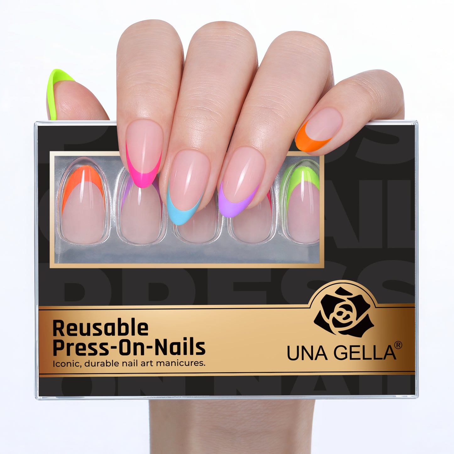UNA GELLA 32pcs soft gel press-on almond-shaped French neon rainbow nail tips, vibrant and colorful for a stylish manicure.