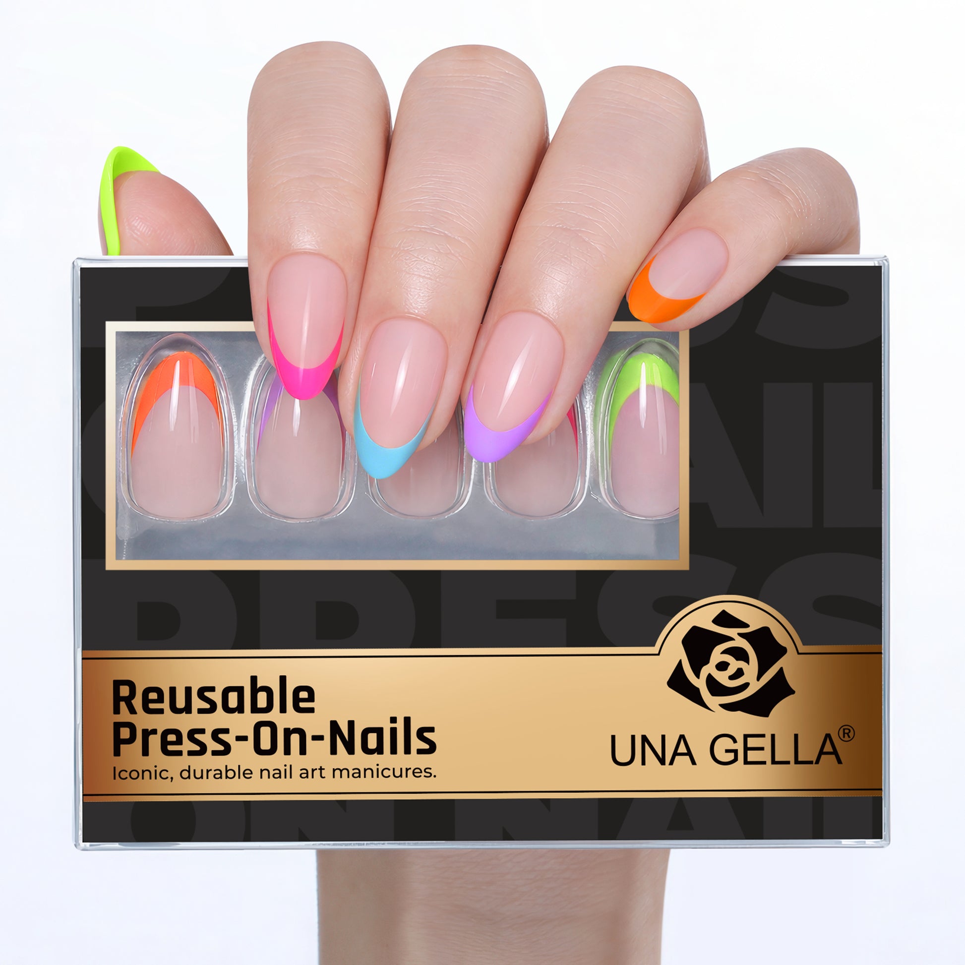 UNA GELLA 32pcs soft gel press-on almond-shaped French neon rainbow nail tips, vibrant and colorful for a stylish manicure.