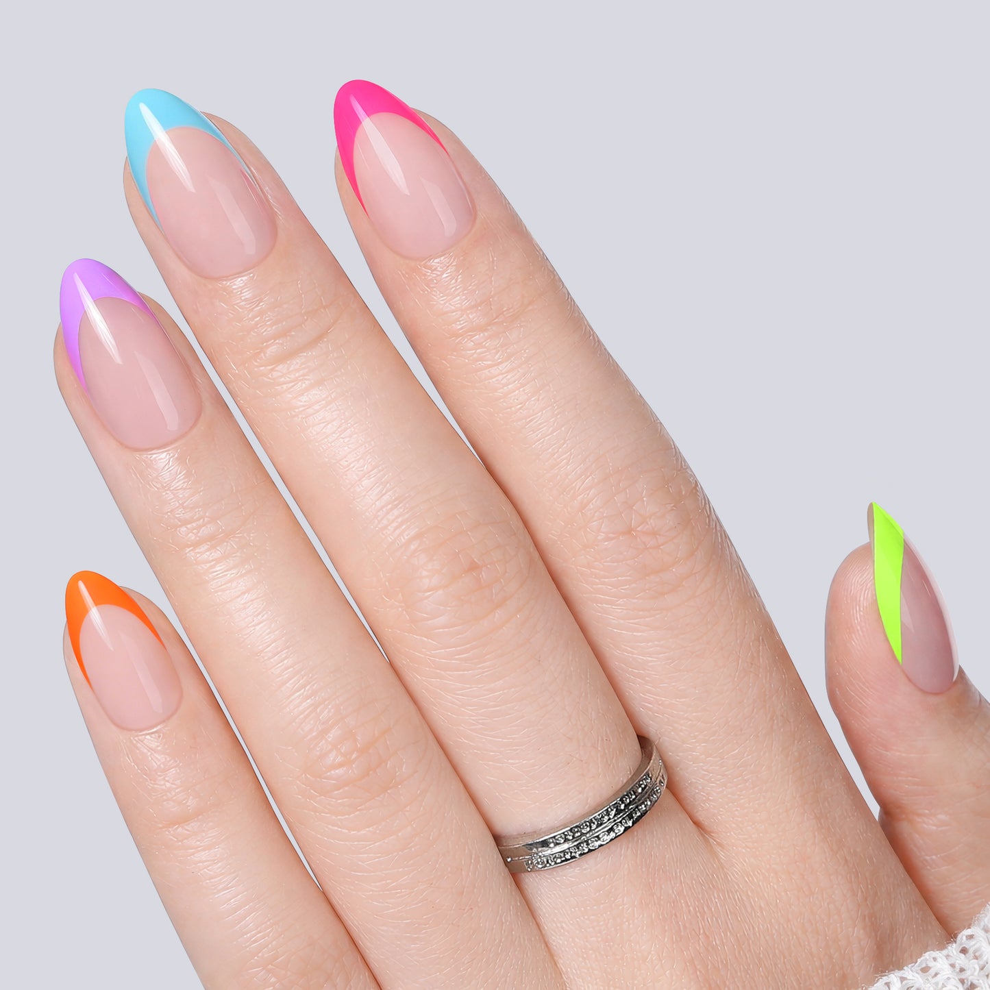 UNA GELLA 32pcs almond-shaped French neon rainbow soft gel press-on nail tips arranged in a palette.