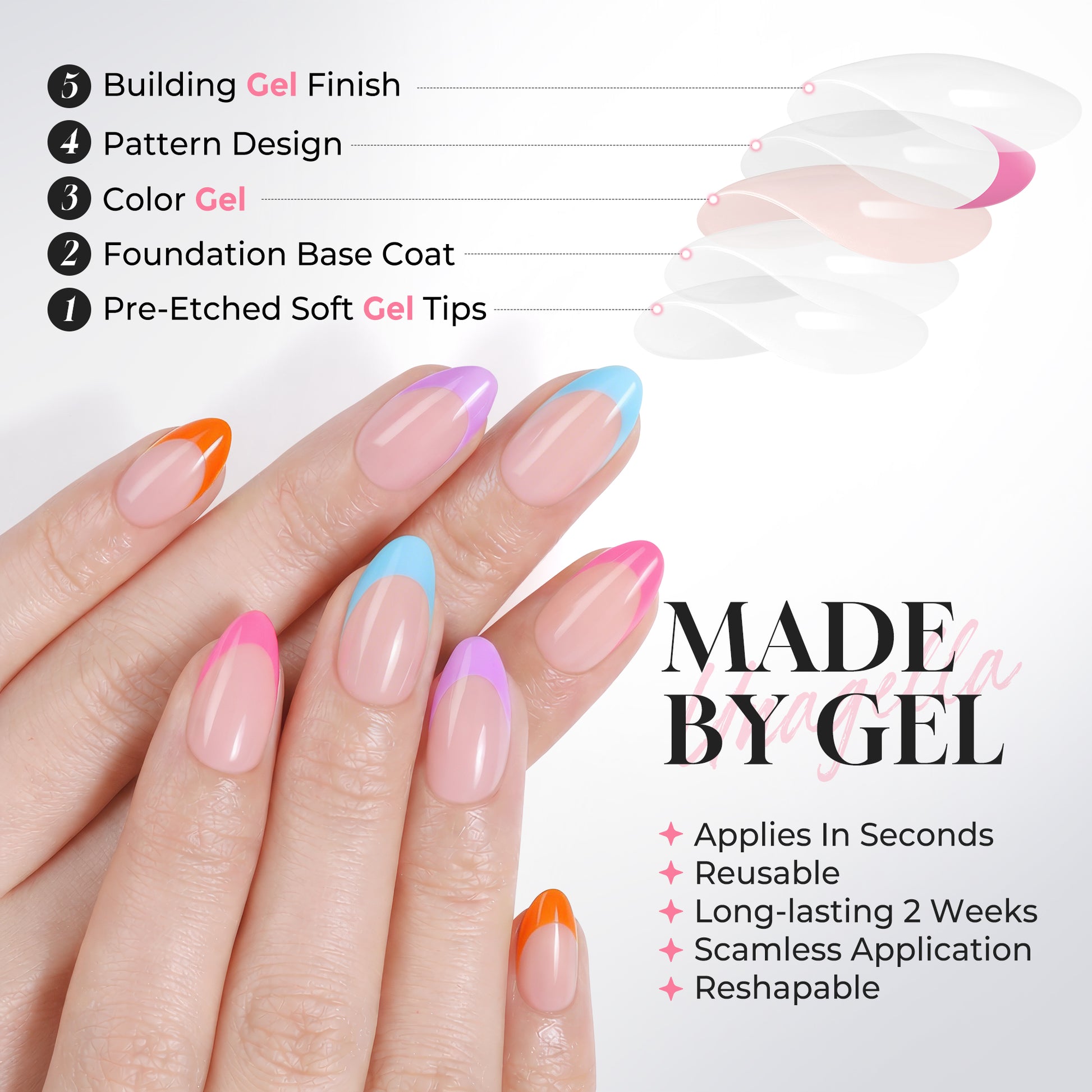 UNA GELLA 32pcs almond-shaped French neon rainbow soft gel press-on nail tips on a colorful palette.