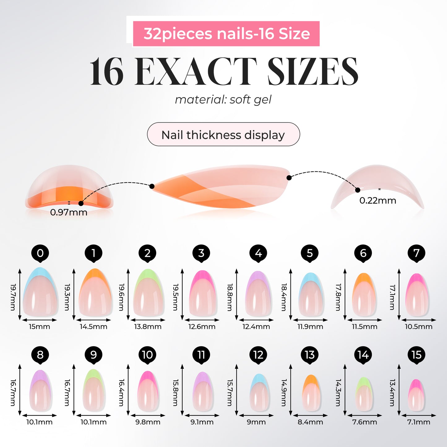 UNA GELLA 32pcs soft gel press-on almond French nails with neon rainbow design, showcasing vibrant, colorful nail tips.