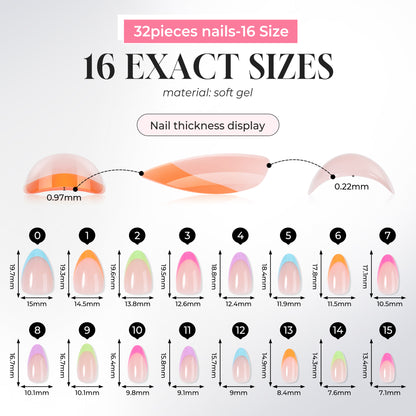 UNA GELLA 32pcs soft gel press-on almond French nails with neon rainbow design, showcasing vibrant, colorful nail tips.