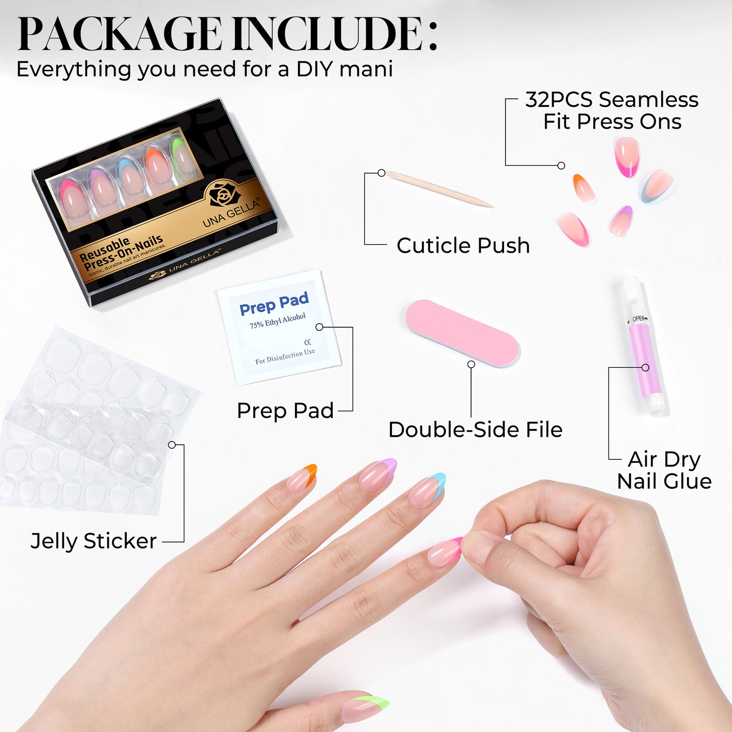 UNA Gella 32pcs almond-shaped soft gel press-on nails with French neon rainbow design on a nail tip palette.