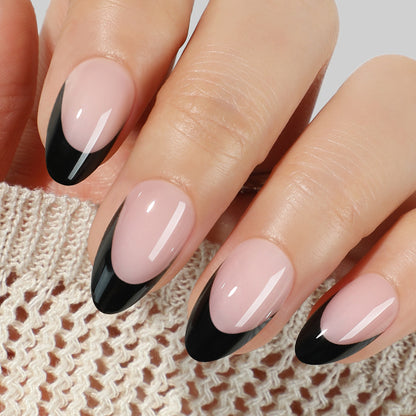UNA GELLA black French tip press-on nails in short almond shape with soft gel finish, reusable and easy to apply.