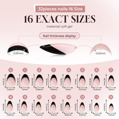 Black French tip press-on nails in almond shape, short soft gel style by UNA GELLA, reusable nail tips for a sleek look.