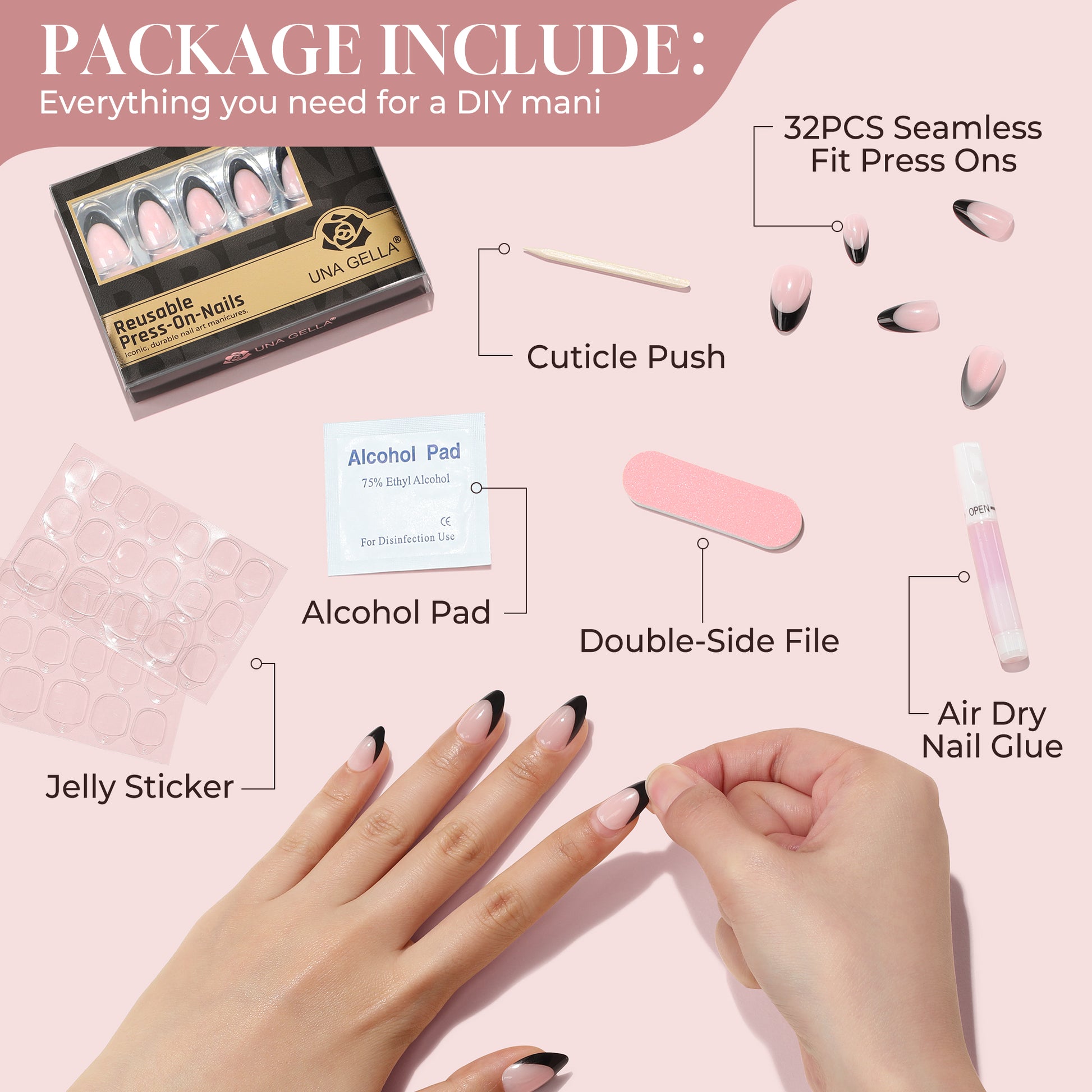 UNA GELLA Black French Tip press-on nails with almond shape, short soft gel design, reusable artificial nail tips.