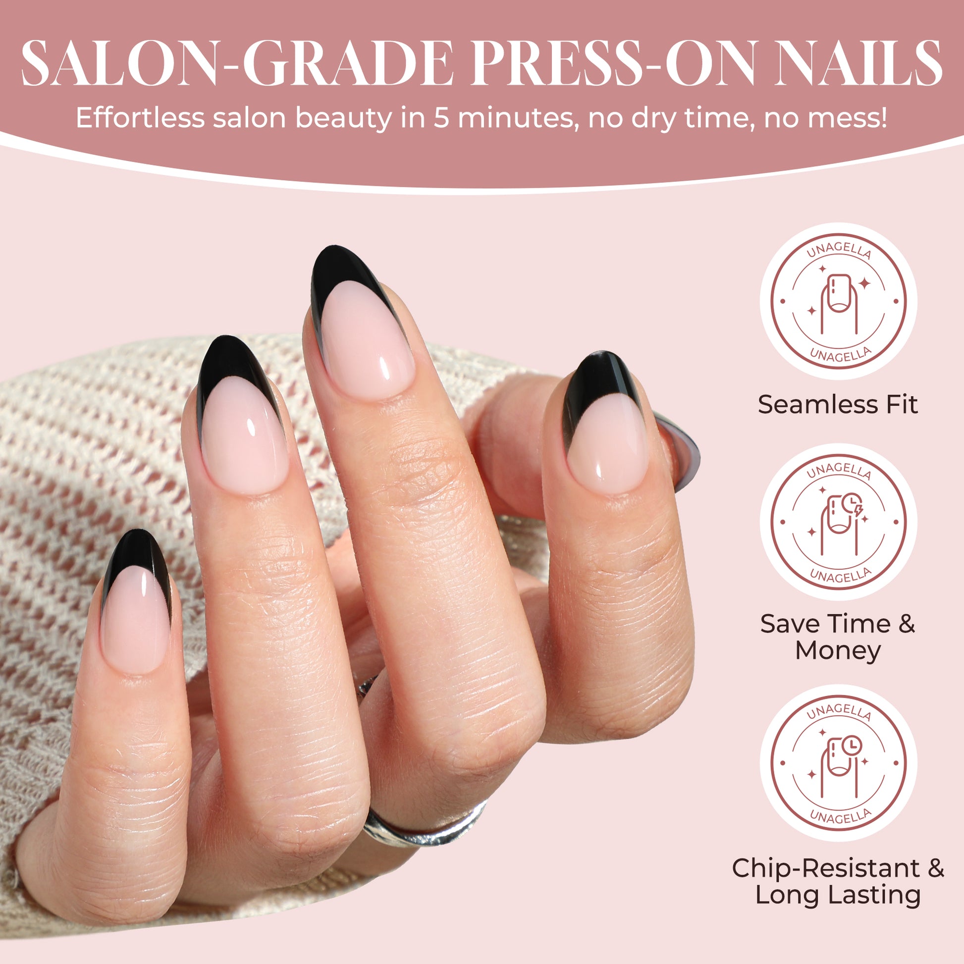 Black French tip press-on nails in almond shape by UNA GELLA, short soft gel reusable nail tips for a stylish manicure.