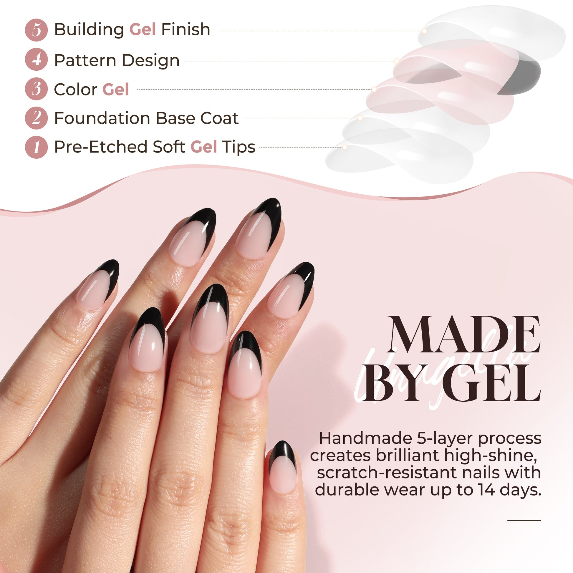 Black French tip press-on nails by UNA GELLA in short almond shape with soft gel finish, reusable nail tips.