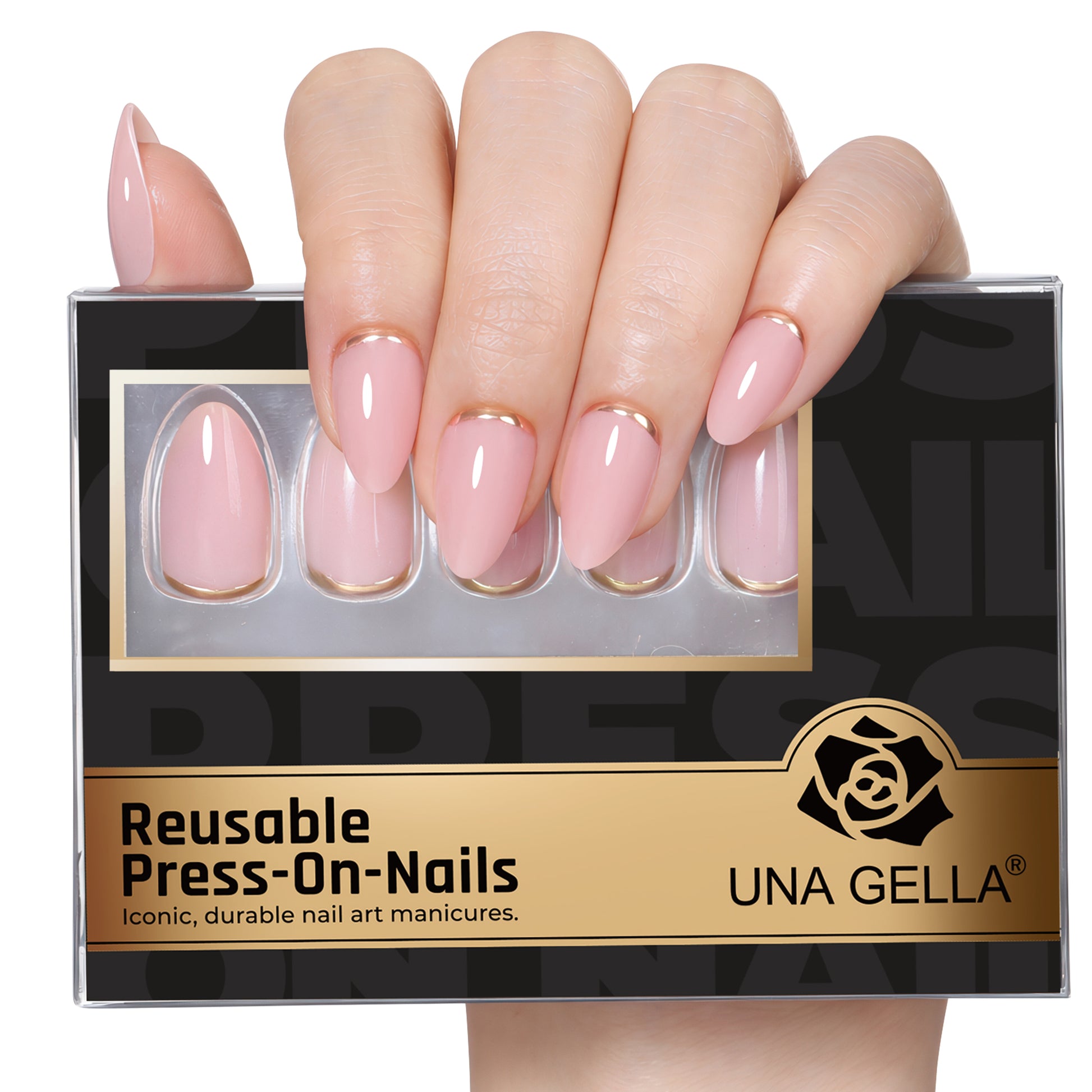 UNA GELLA nude pink almond-shaped press-on nail tips with gold rim, 16 sizes, soft gel finish, for easy at-home manicures.