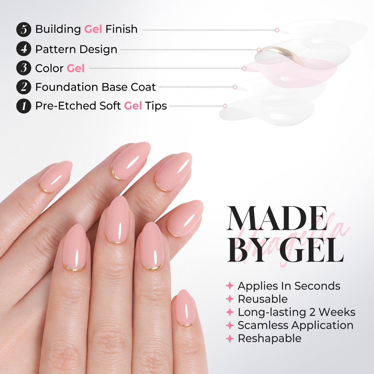 UNA GELLA nude pink almond-shaped press-on nails with gold rim, 16 sizes, soft gel finish, perfect for easy manicure.