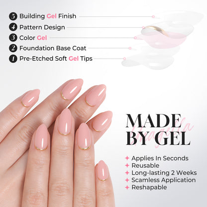 UNA GELLA nude pink almond-shaped press-on nails with gold rim, 16 sizes, soft gel finish, perfect for easy manicure.