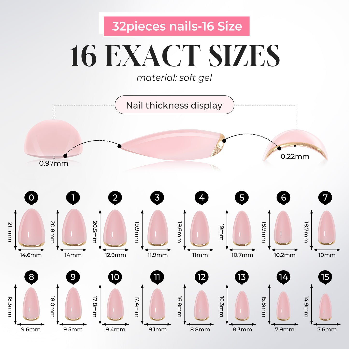 UNA GELLA nude pink almond-shaped gel press-on nails with gold rim, 16 sizes, showcasing a stylish and elegant nail tip design.