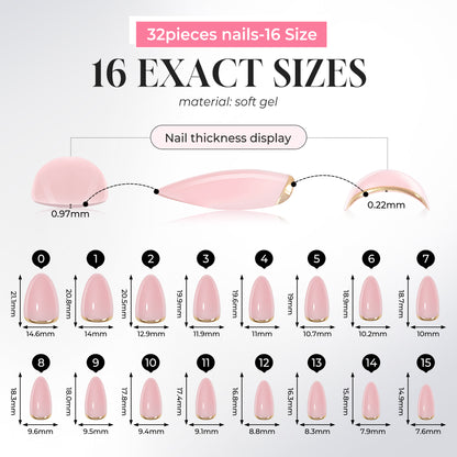 UNA GELLA nude pink almond-shaped gel press-on nails with gold rim, 16 sizes, showcasing a stylish and elegant nail tip design.