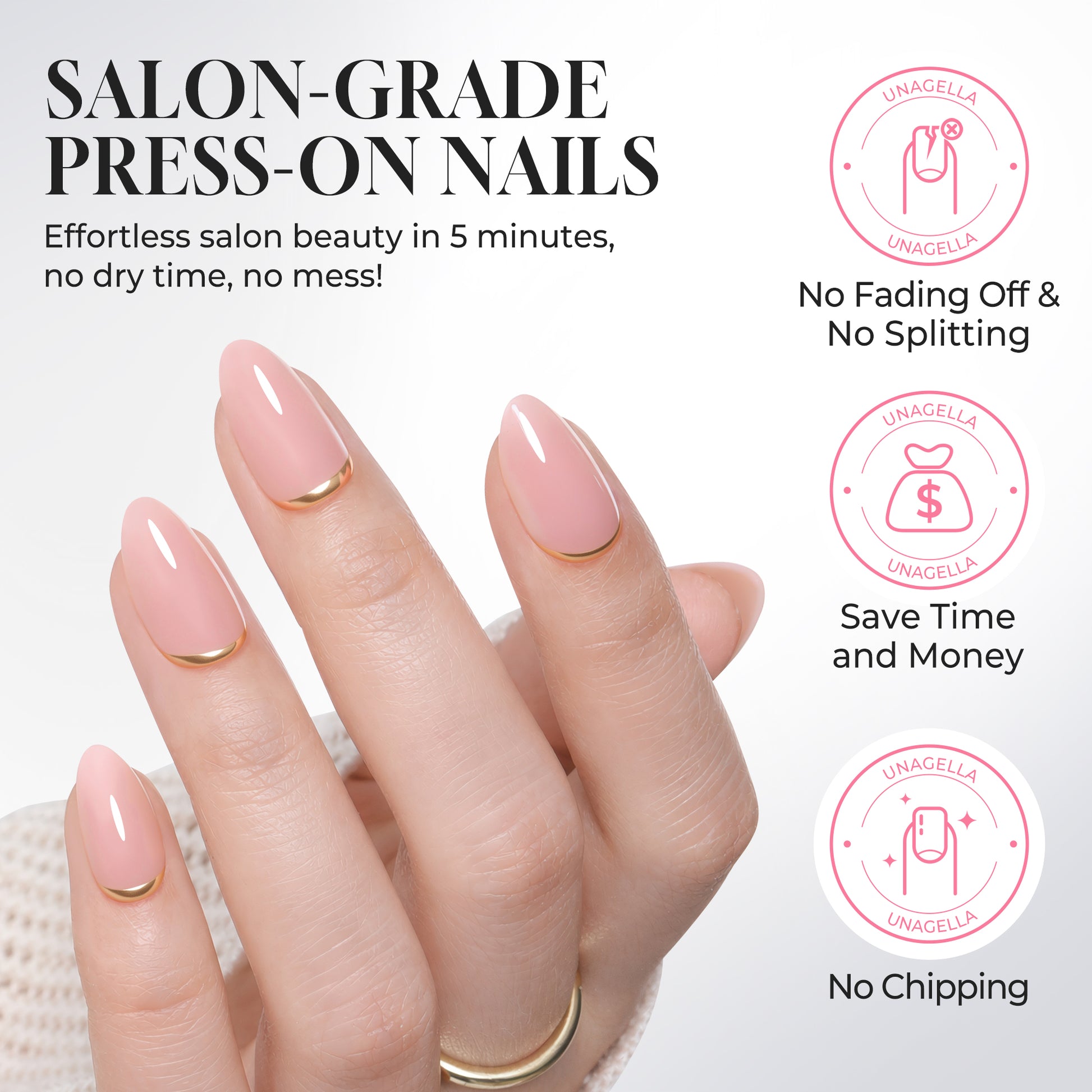 UNA GELLA 32pcs soft gel press-on nails in nude pink with gold rim, almond shape, featuring 16 sizes for easy application.