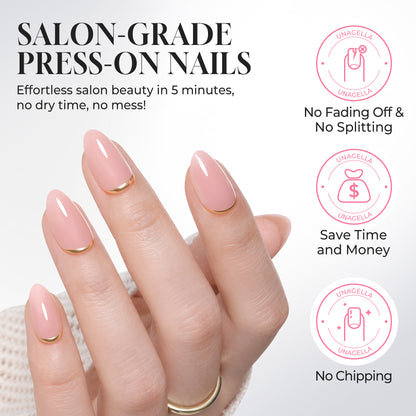 UNA GELLA 32pcs soft gel press-on nails in nude pink with gold rim, almond shape, featuring 16 sizes for easy application.