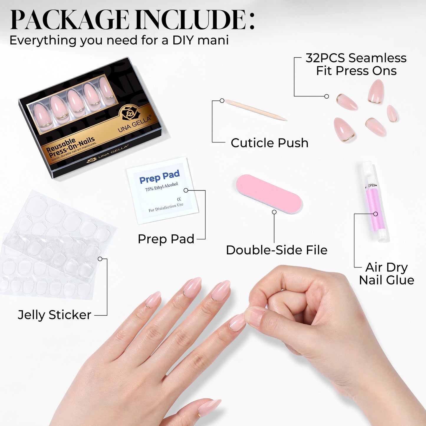 UNA GELLA 32-piece set of almond-shaped press-on nails with nude pink color and gold rim, featuring 16 sizes for a natural look.