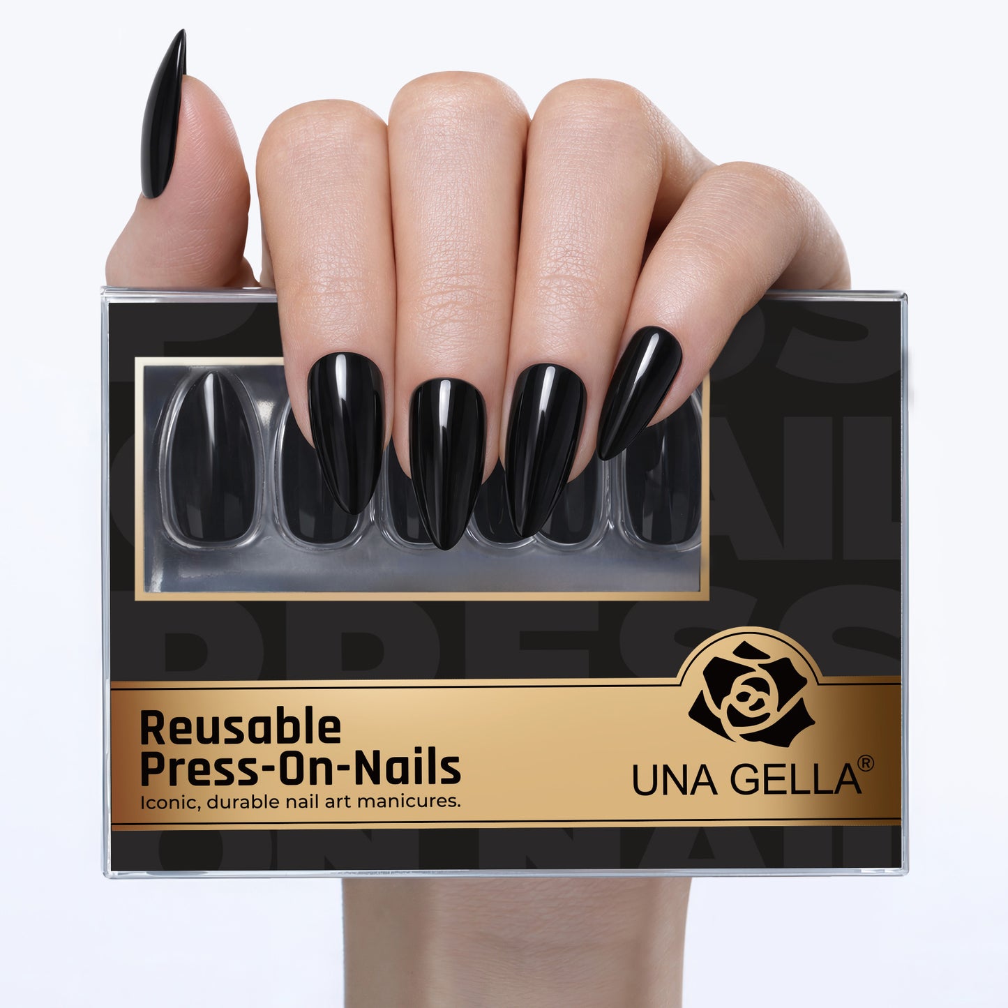 Medium almond-shaped reusable press-on nail tips from UNA GELLA, soft gel finish, 32-piece set for DIY manicures.