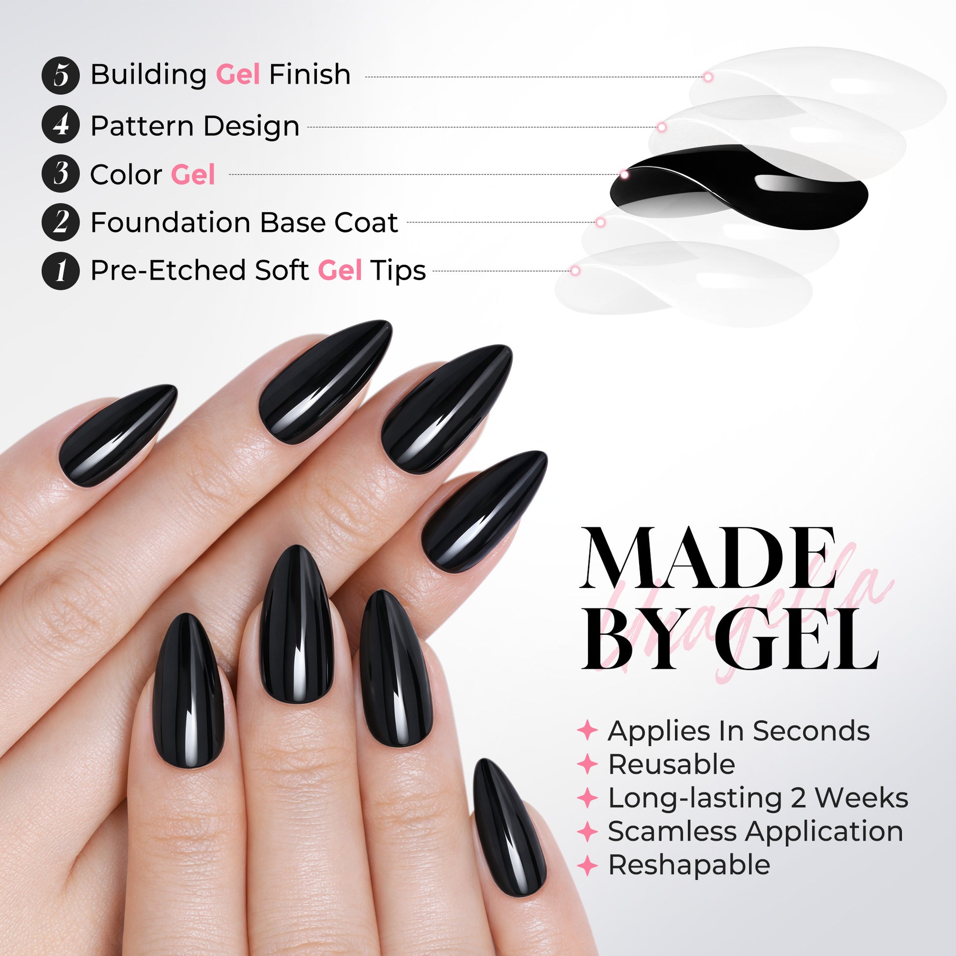 UNA GELLA black almond-shaped press-on nails, medium length, reusable gel nail tips, 32-piece set for DIY manicures