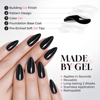 UNA GELLA black almond-shaped press-on nails, medium length, reusable gel nail tips, 32-piece set for DIY manicures
