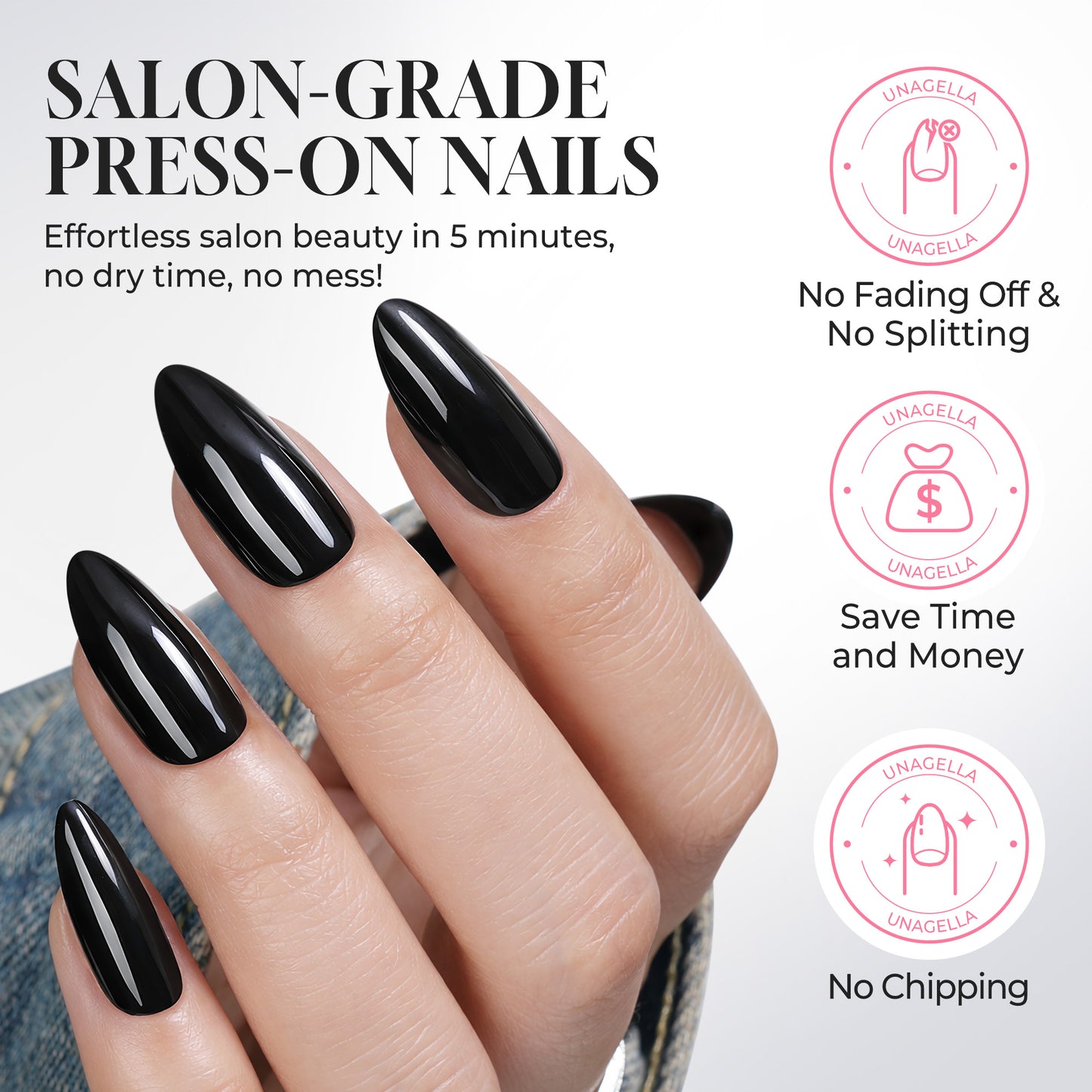 Medium almond-shaped UNA GELLA black press-on nail tips, 32 pieces, reusable soft gel, DIY nail enhancement.