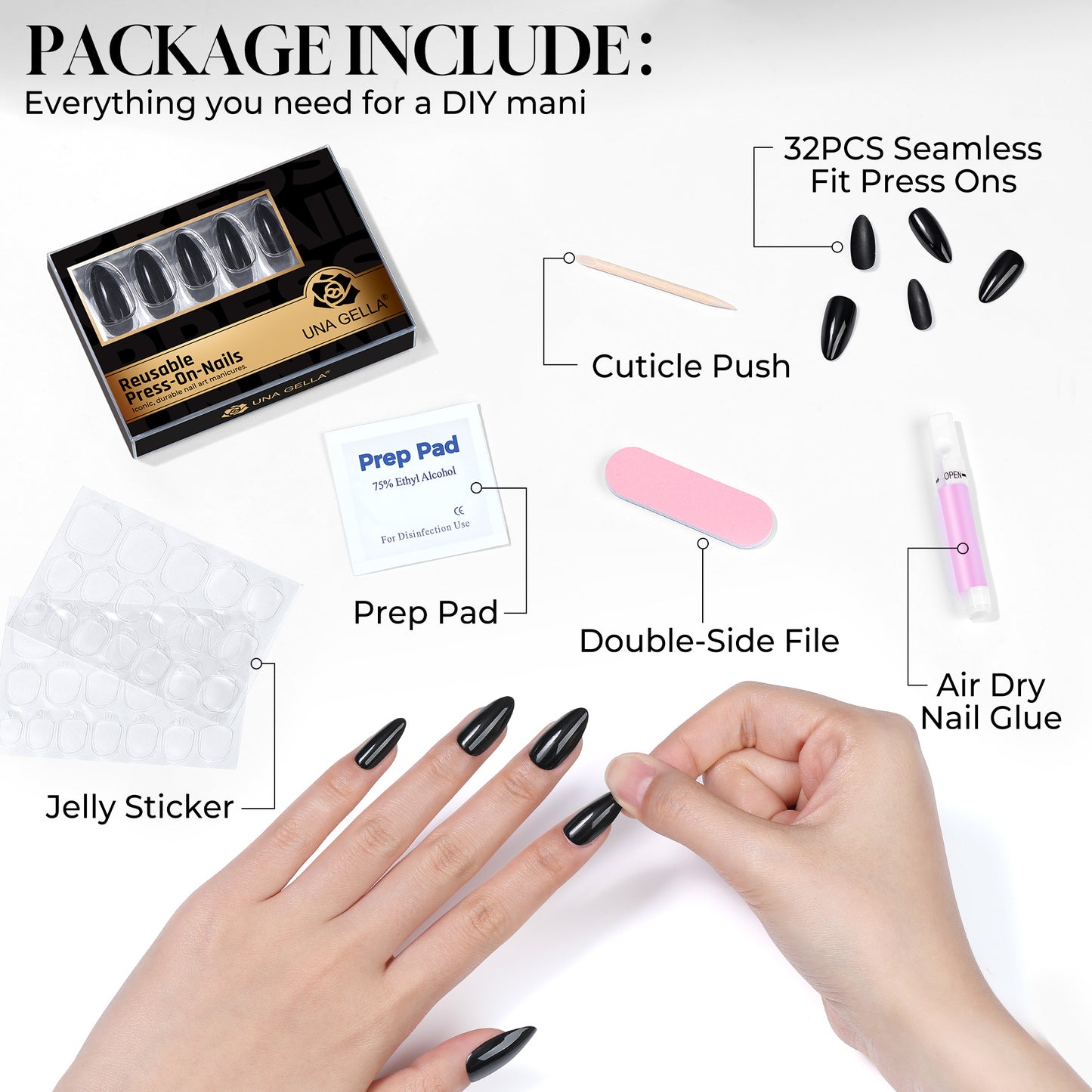 Medium almond-shaped reusable press-on nail tips by UNA GELLA, soft gel finish, 32-piece set for DIY manicures.
