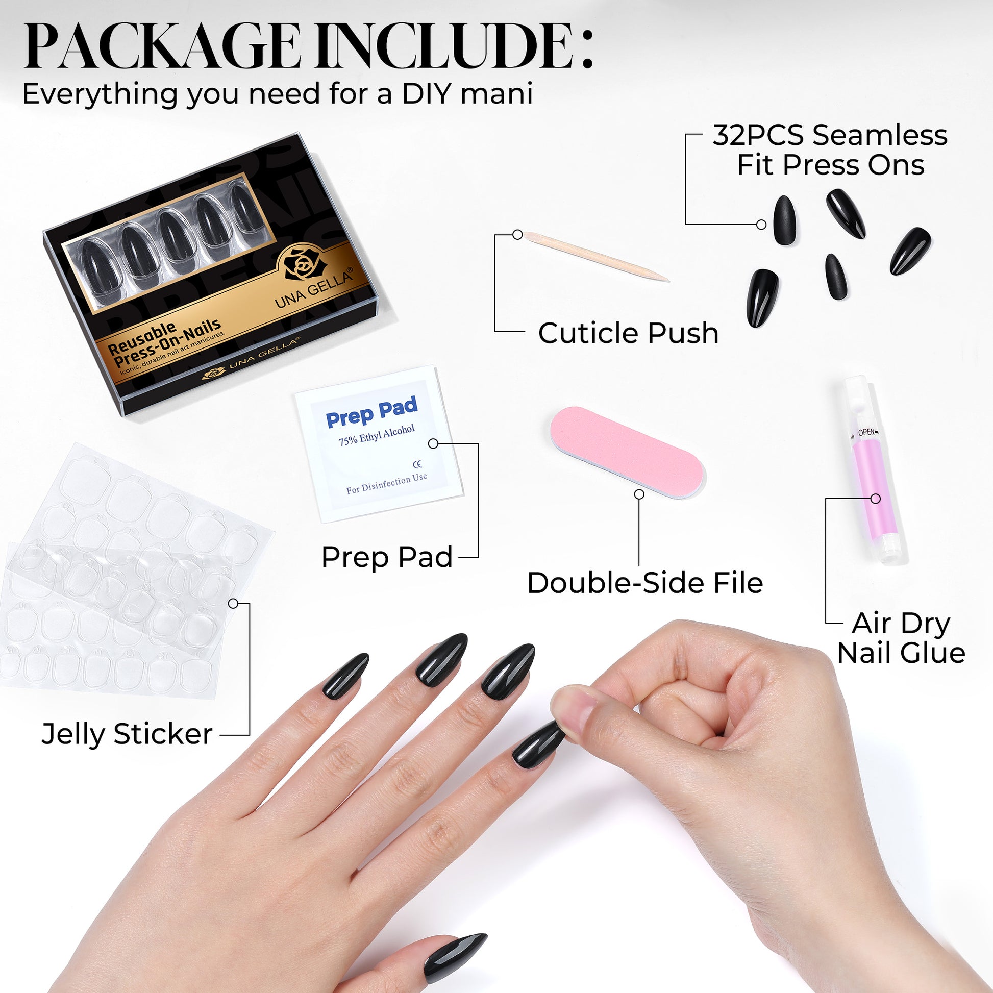 Medium almond-shaped reusable press-on nail tips by UNA GELLA, soft gel finish, 32-piece set for DIY manicures.