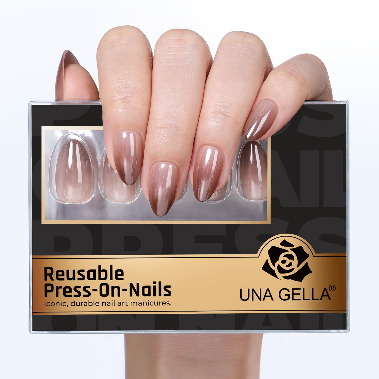 UNA GELLA reusable press-on nails with a brown metallic gradient finish in short almond shape, perfect for DIY nail designs.