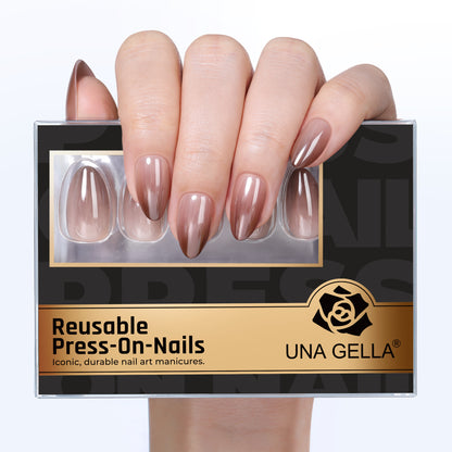 UNA GELLA reusable press-on nails with a brown metallic gradient finish in short almond shape, perfect for DIY nail designs.