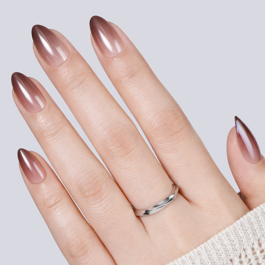 UNA GELLA reusable press-on nails in brown metallic gradient with short almond shape, ideal for DIY nail design.