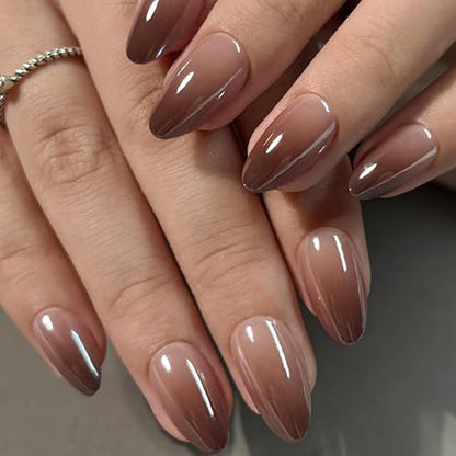 Brown metallic gradient reusable press-on nail tips in almond shape by UNA GELLA, short and stylish for DIY nail designs.