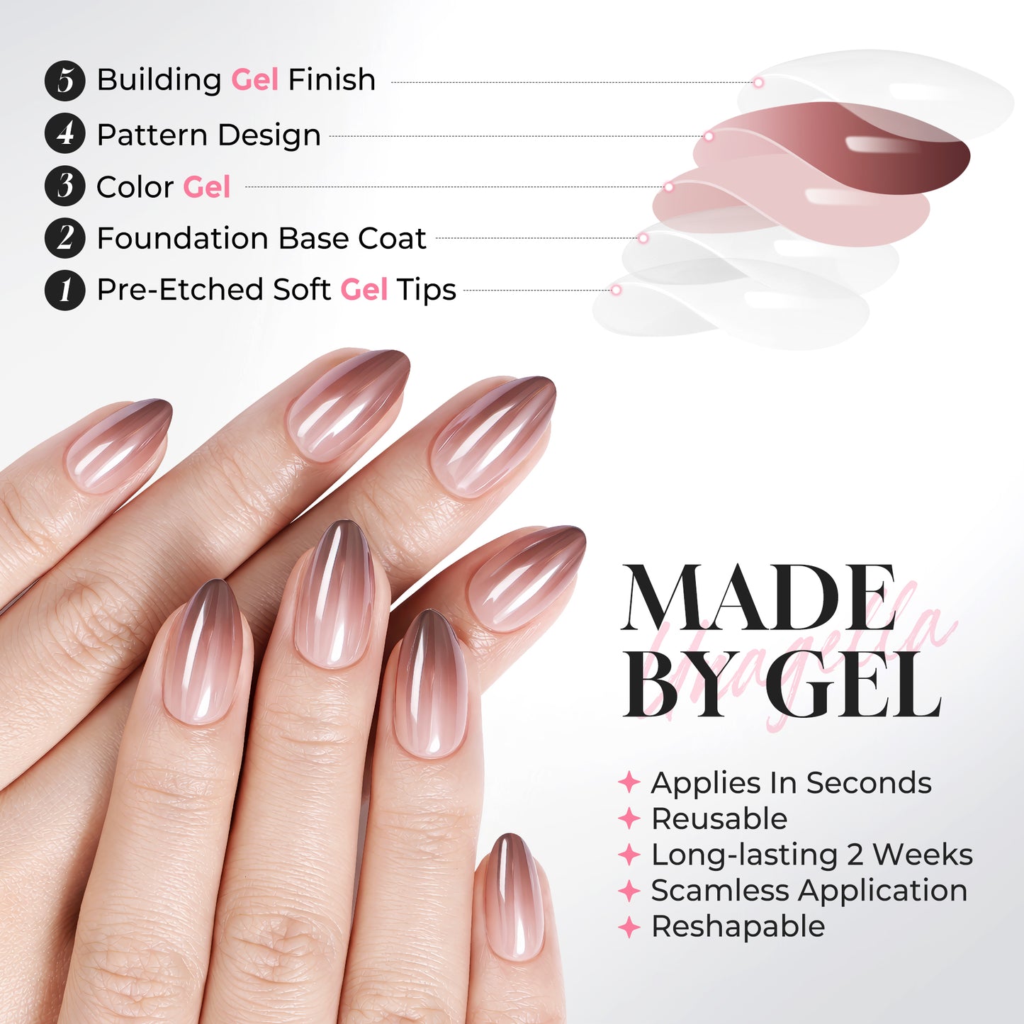 Reusable press-on nails by UNA GELLA in a metallic brown gradient with short almond shape, perfect for DIY nail designs.