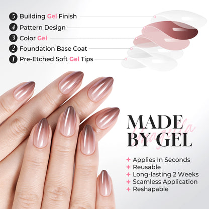 Reusable press-on nails by UNA GELLA in a metallic brown gradient with short almond shape, perfect for DIY nail designs.