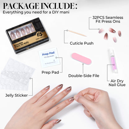 UNA GELLA reusable press-on nail tips in brown metallic gradient with short almond shape, perfect for DIY nail designs.