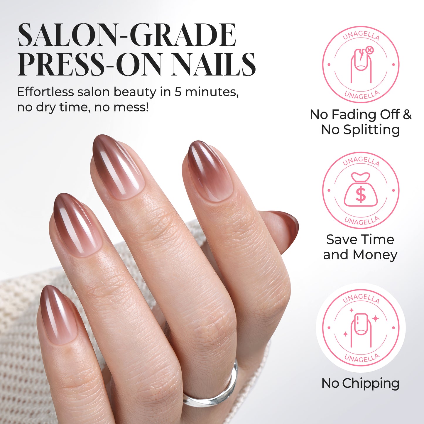 UNA GELLA reusable press-on nails in brown metallic gradient, short almond-shaped nail tips for DIY nail designs.