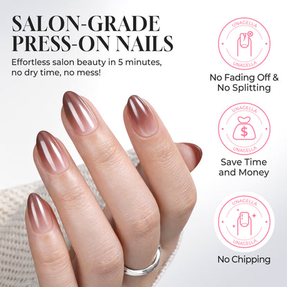 UNA GELLA reusable press-on nails in brown metallic gradient, short almond-shaped nail tips for DIY nail designs.