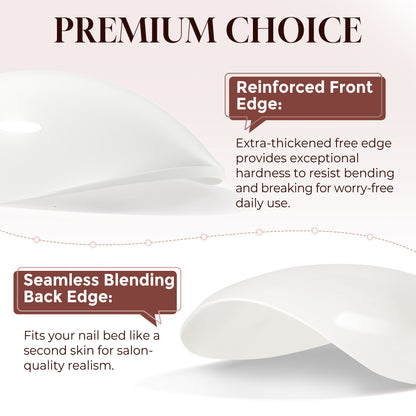 Milky white almond-shaped press-on nails by UNA GELLA, short soft gel reusable nail tips in 16 sizes, displayed on a white background.