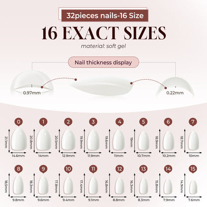 Milky white almond-shaped press-on nails by UNA GELLA, short soft gel nail tips, reusable with 16 sizes shown.