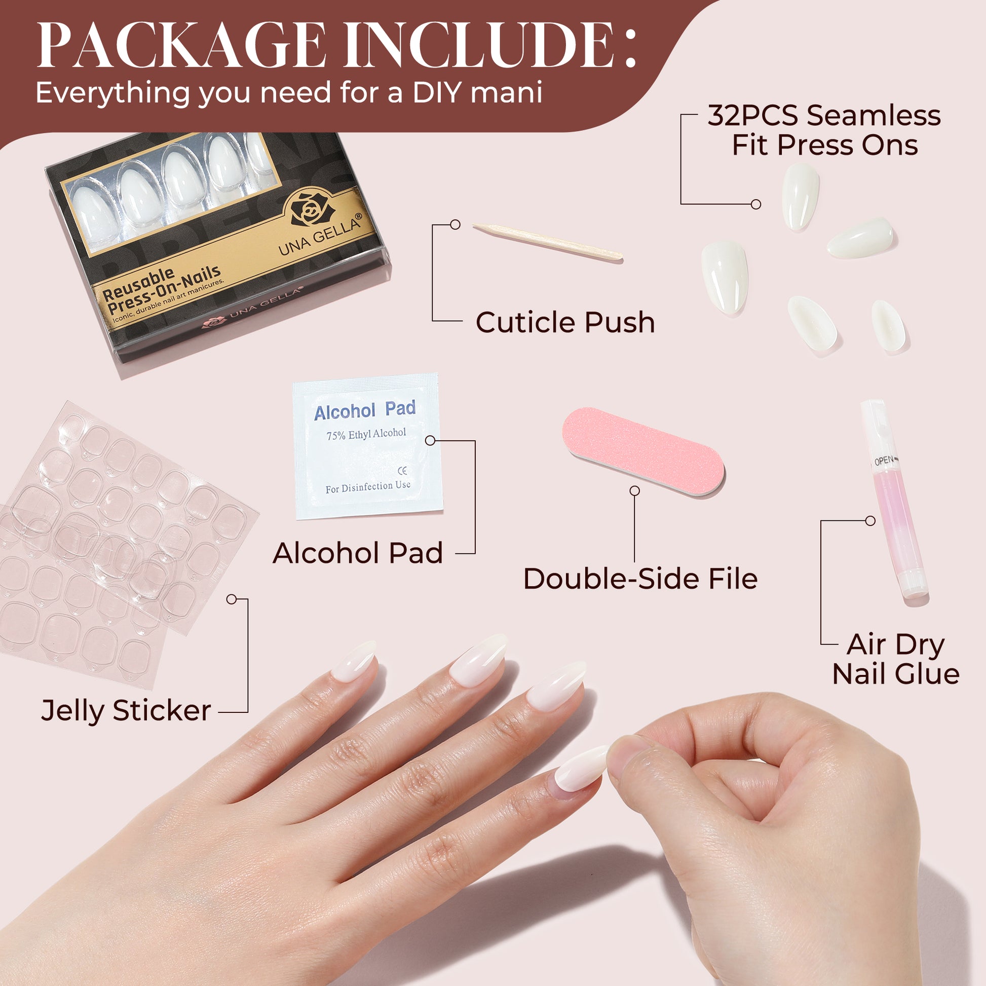 Milky white almond-shaped press-on nails by UNA GELLA, short soft gel reusable nail tips with 16 sizes displayed.