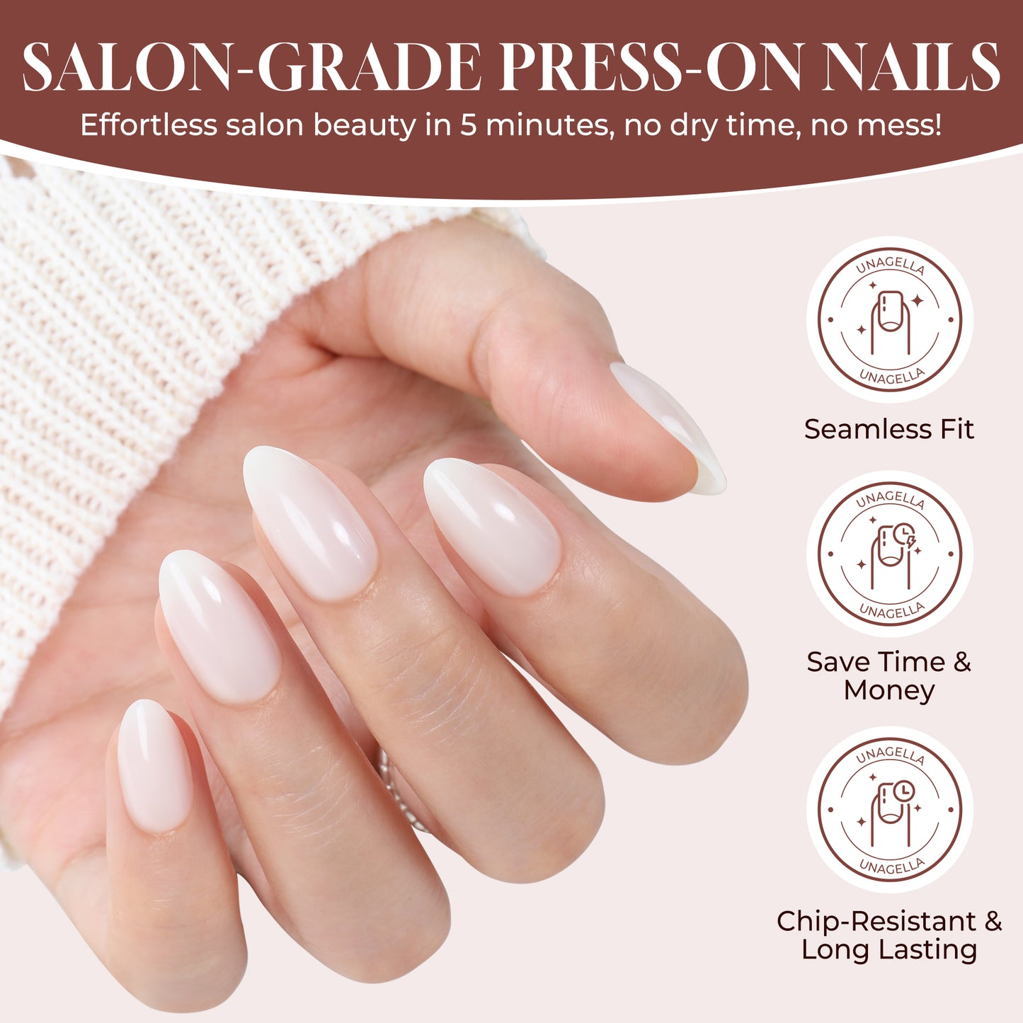 Milky white almond-shaped press-on nails by UNA GELLA, short soft gel reusable nail tips with 16 sizes for a natural look.