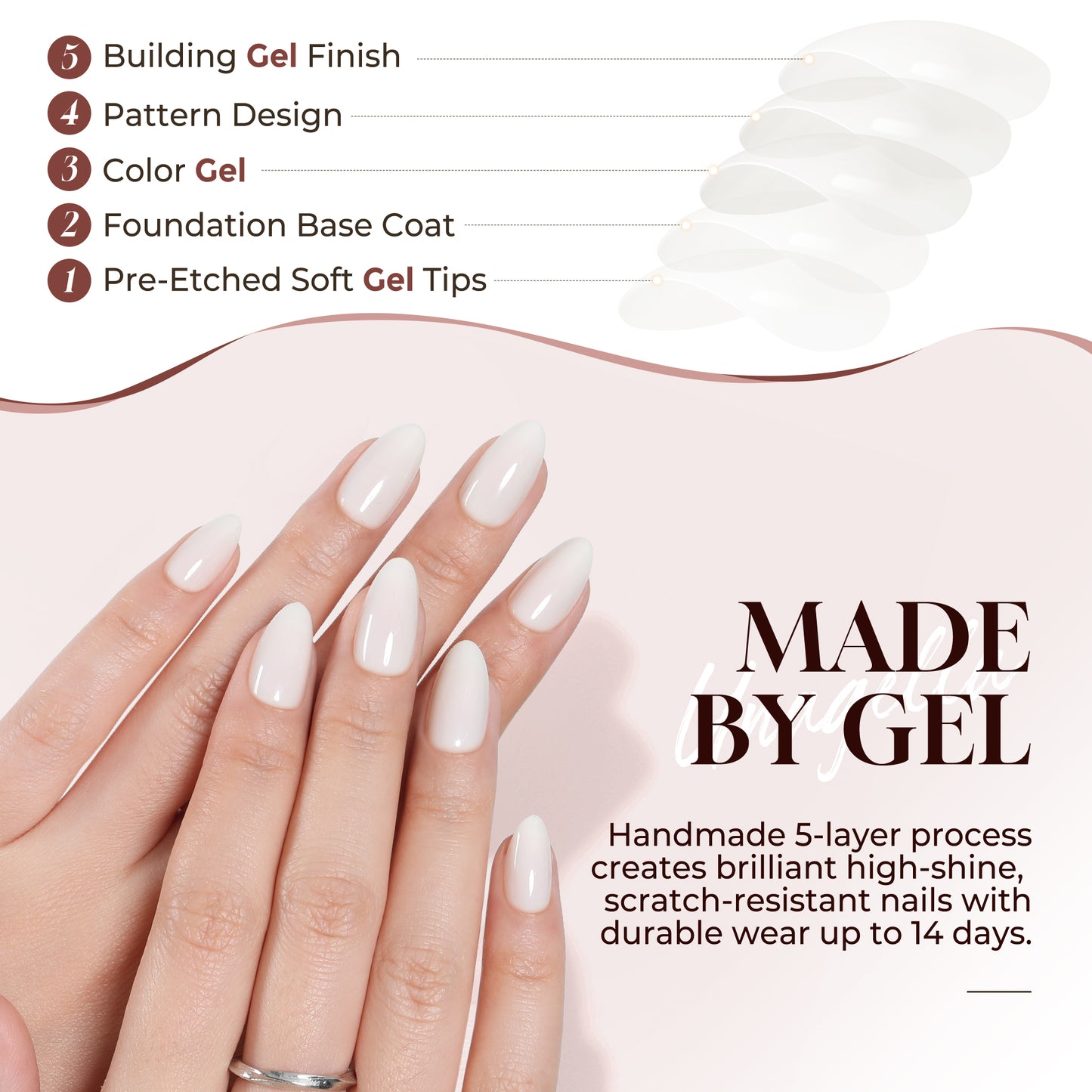 Milky white almond-shaped press-on nails by UNA GELLA, short soft gel reusable nail tips with 16 sizes.